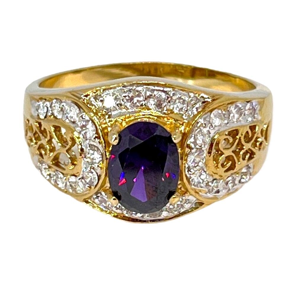 Vintage 1980s Ring Size 10 Purple CZ Pave Filigree Gold Plated Band - 14J